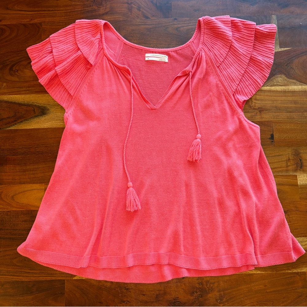 Anthropologie Coral Pink Tassel V-Neck Top with Ruffled Sleeves